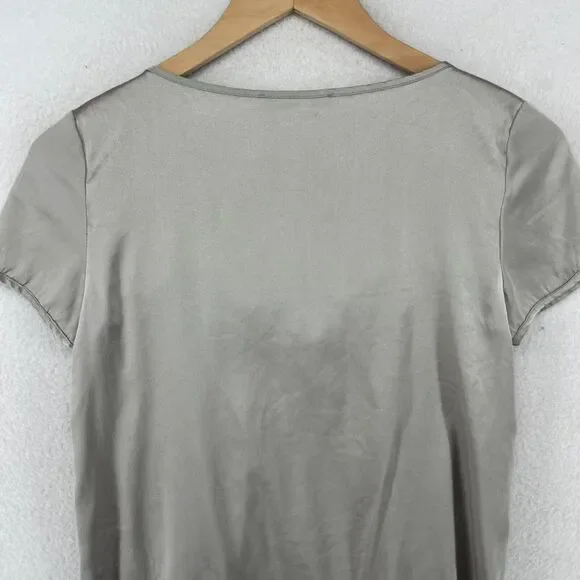 CHAIKEN PROFILE Top 0 XS Stretch Silk Satin Pleated Cap Sleeve Gray Silver USA - Picture 4 of 14